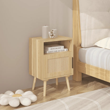 Nightstand with Door and Open Shelf Rattan Bedside Table for Compact Bedrooms Apartments