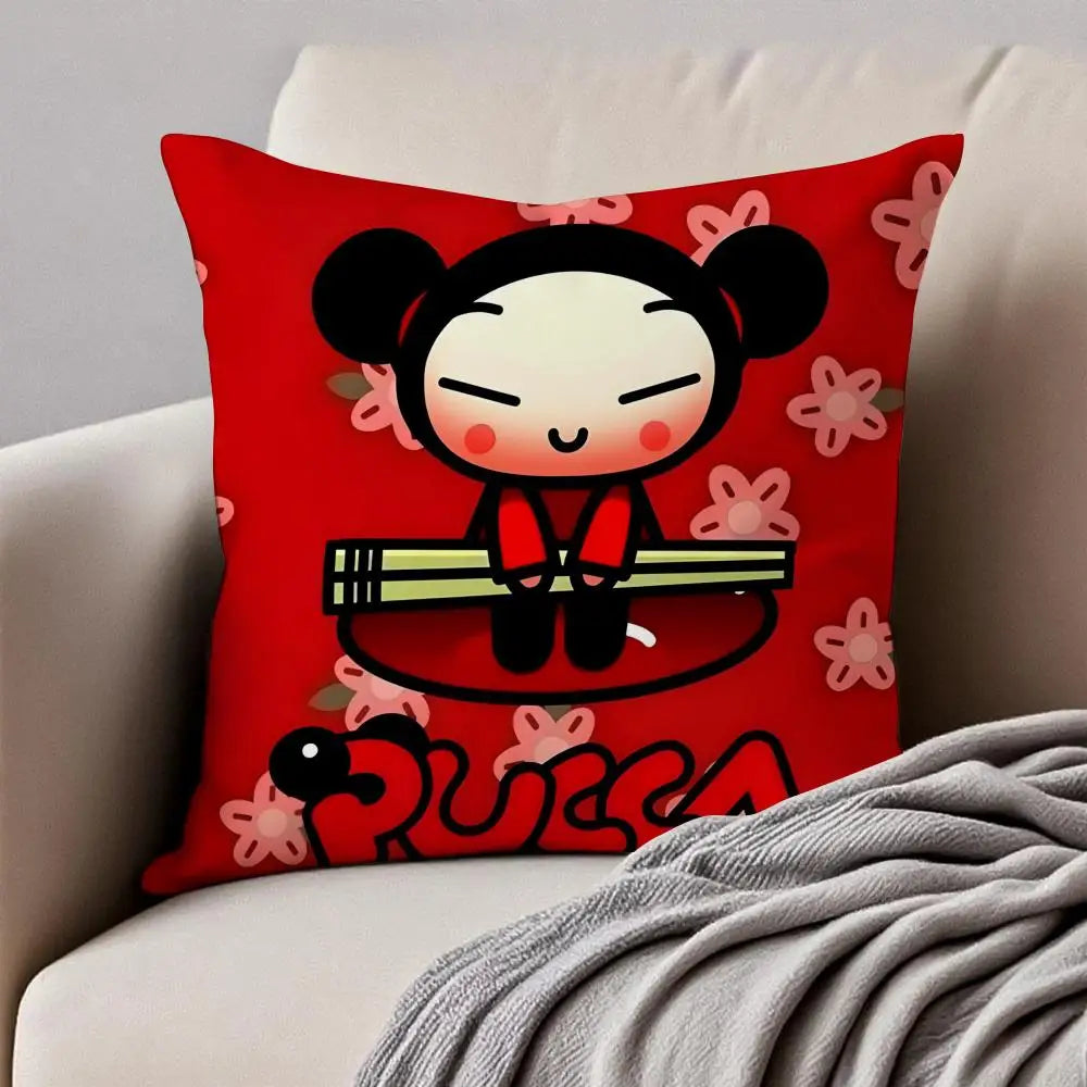 Kawaii P-Pucca Anime Cushion Cover Pillowcase Anti-dustmite Invisible Zipper Short Plush Sofa Cushion