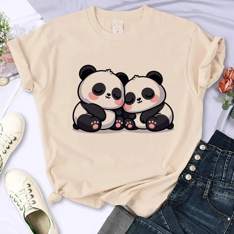 Cartoon Casual Creative T-shirt Vintage Round Neck Clothes Funny Cute Panda Printed T Shirt for Women Summer Sleeve