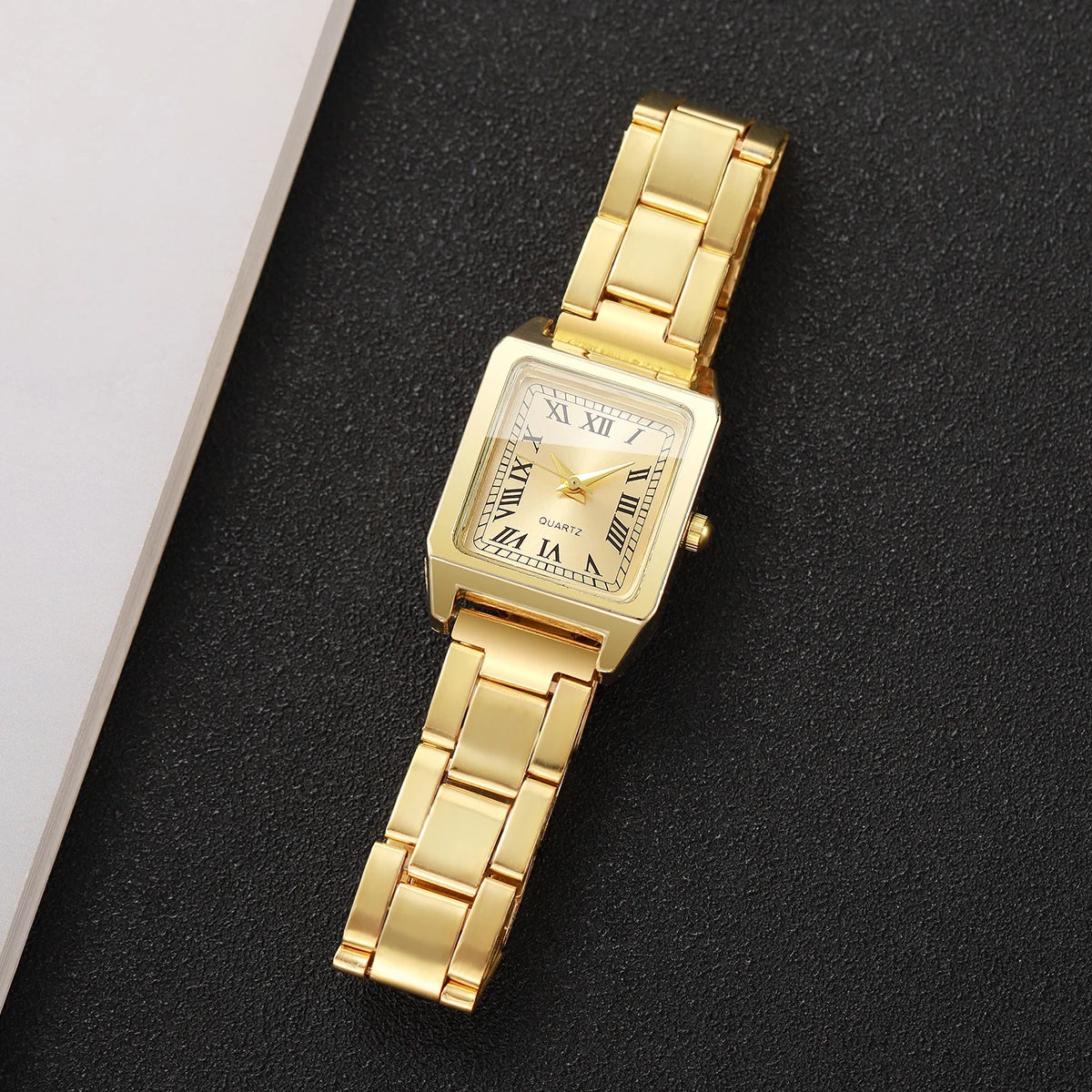 4PCS Elegant Women Square Roma Dial Quartz Watch Diamond Bracelets Set Luxury Alloy Strap Ladies Wristwatches (Without Box)