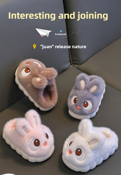 New Winter Cute Big eyed Rabbit Children's Waterproof Warm Non-slip Fluffy Slippers For Girls Boys Kids Indoor Home Cotton Shoes