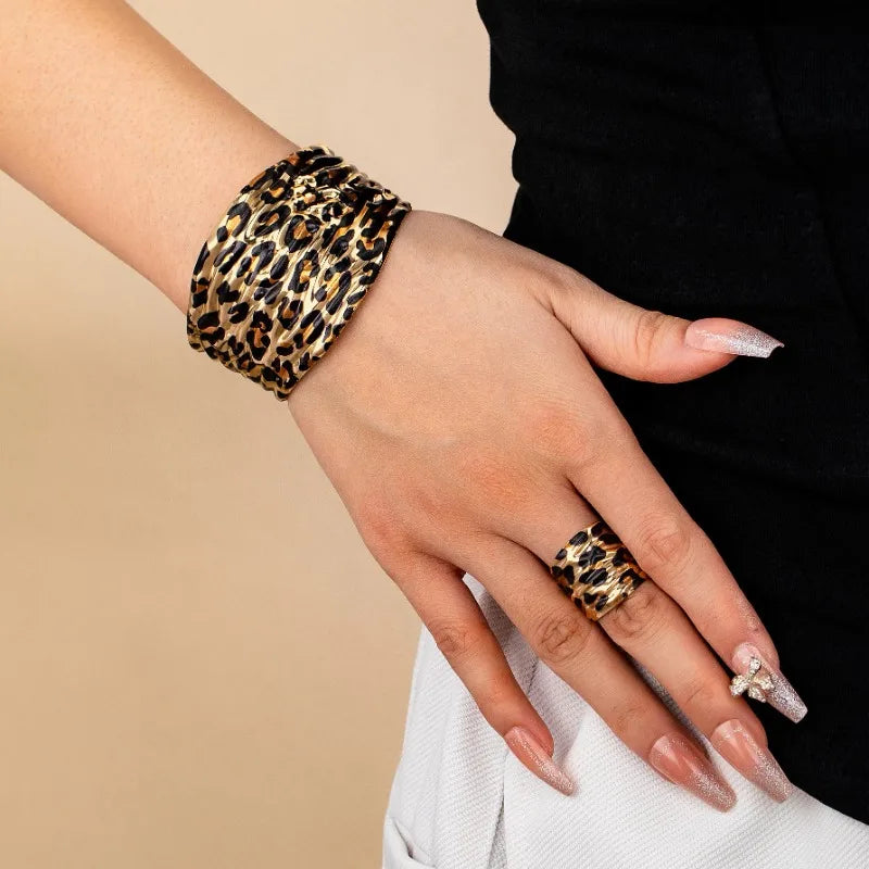 bracelet ring two-piece set for women Personality exaggerated leopard print geometric irregular female fashion jewelry BS027