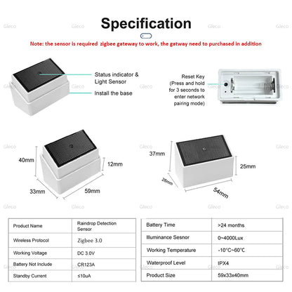 Zigbee 3.0 Rain Sensor Detector Rain Drop Sensor Build-in Light Detection APP Real-time Monitor For Smart Home