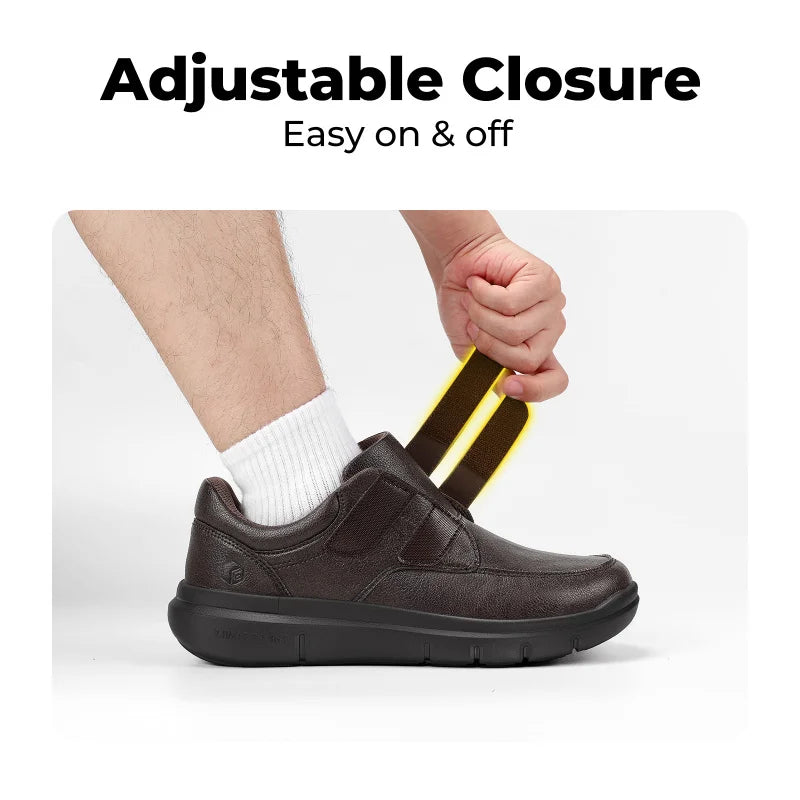 Men'S Wide Walking Shoes Hook And Loop Comfortable Leather Business Shoes Orthopedic Diabetic Shoes For Swollen Feet