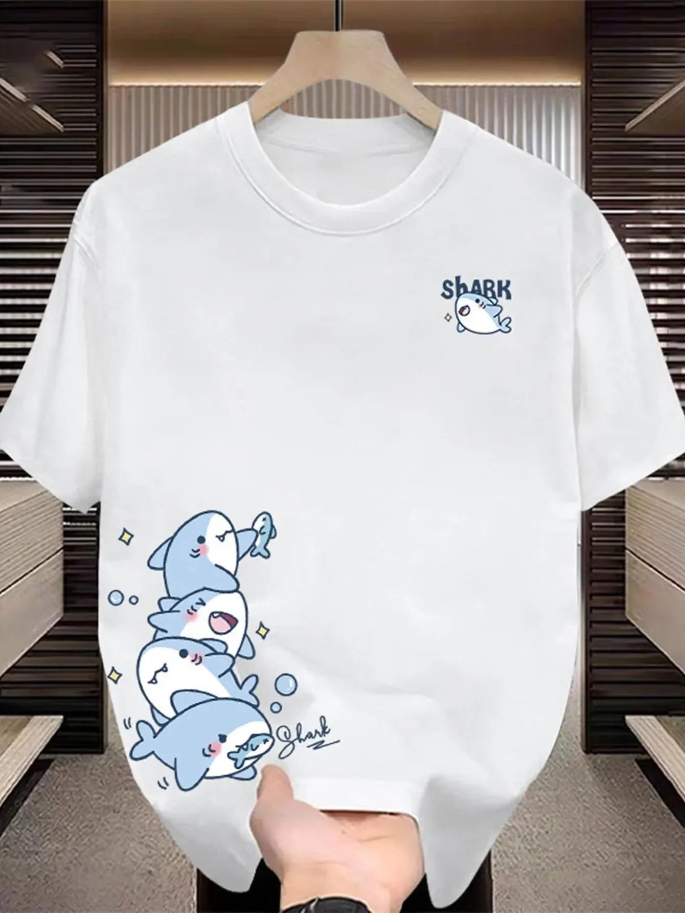 Creative Shark Printed T-shirt Men's 2026 Summer 100% Cotton Loose Breathable Top Outdoor Fashion Men's Wear