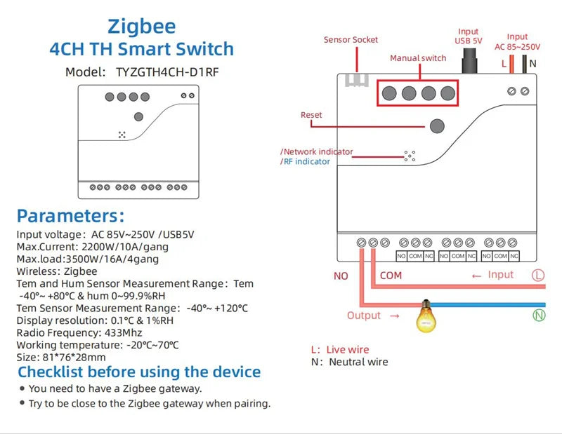 Tuya Zigbee 4 Gang Smart Switch with Temperature or Humidity Sensor Passive Dry Contact 32V 250V Switch Relay Alexa Compatible