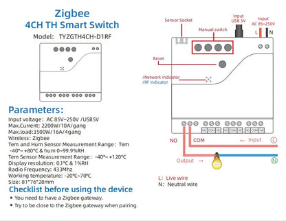 Tuya Zigbee 4 Gang Smart Switch with Temperature or Humidity Sensor Passive Dry Contact 32V 250V Switch Relay Alexa Compatible