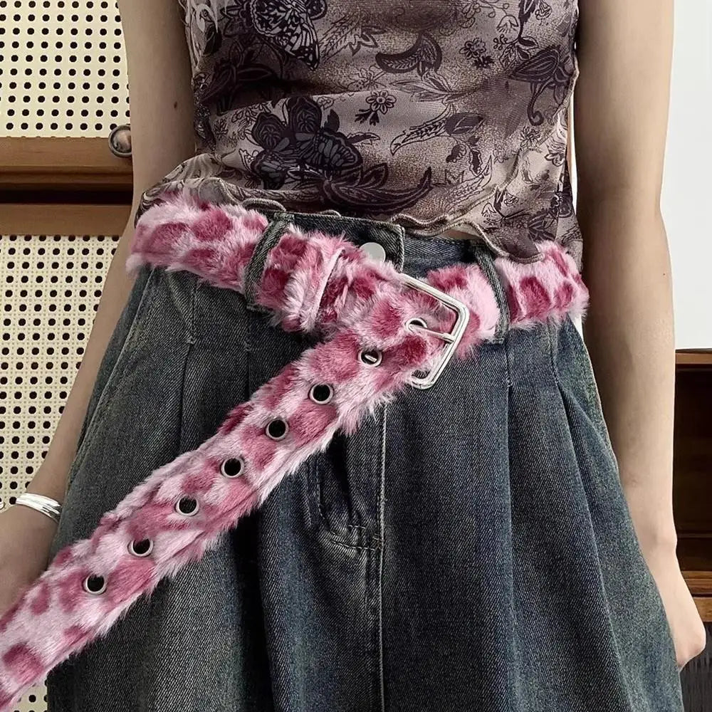 Retro Leopard Print Faux Fur Belt Y2k Pink Fur Belts Punk American Sexy Women's Waistband Winter Fluffy Waist Belt Accessories