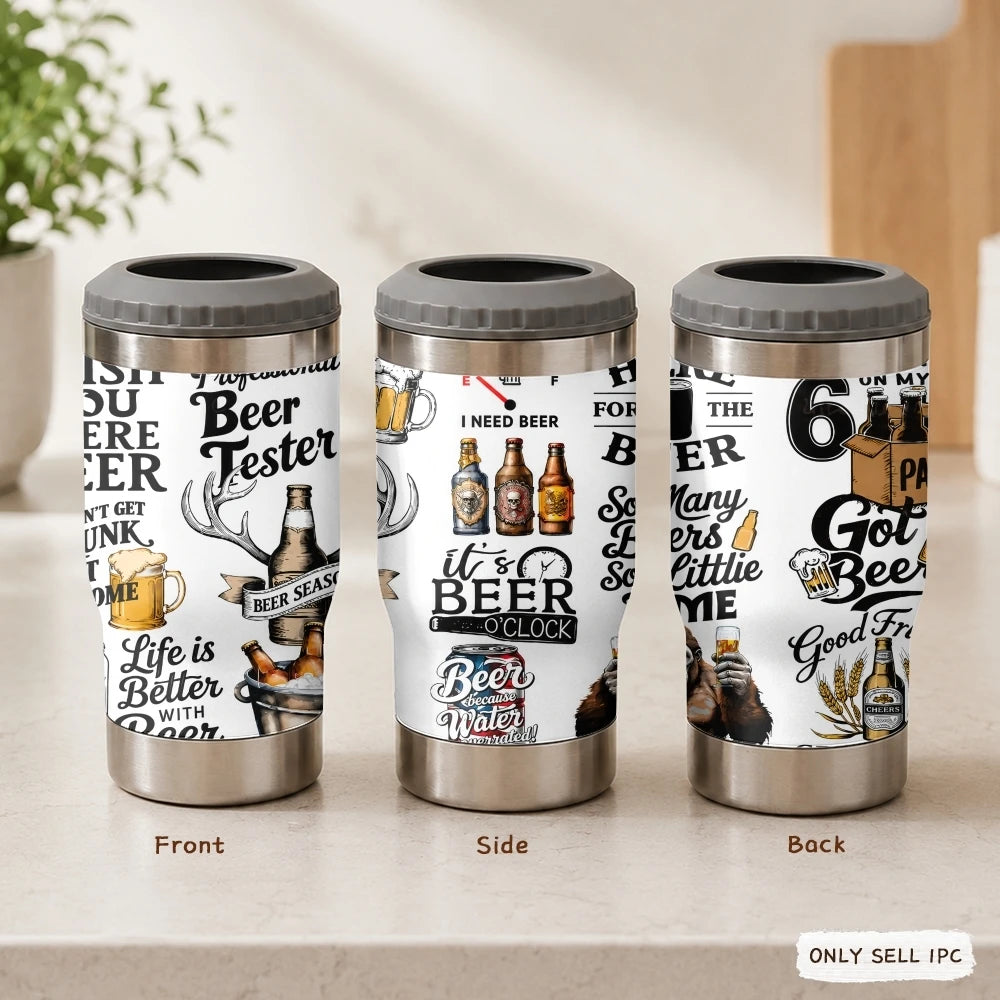 Funny Beer Quotes Vacuum Flasks 4-in-1 Stainless Steel Can Cooler Insulated Beer Soda Coffee Holder Dual Lids Fits 12oz