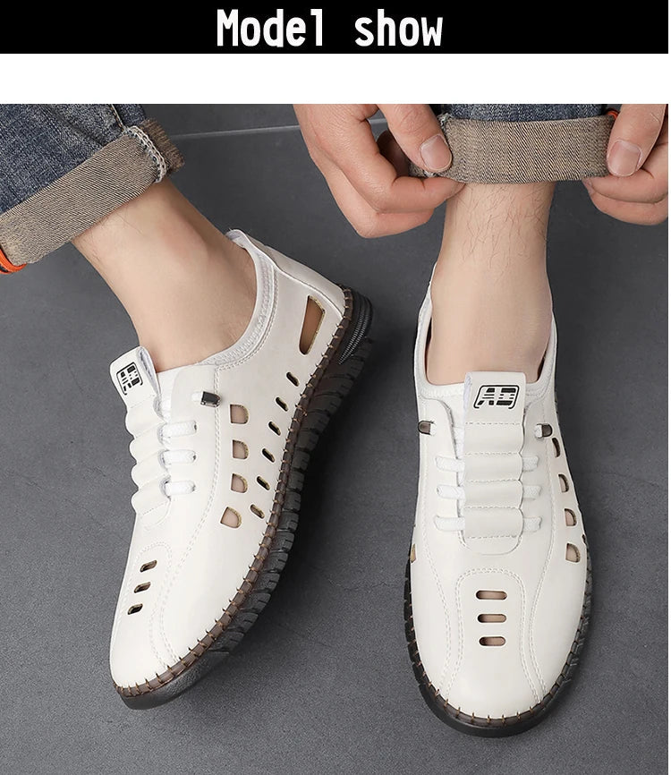 Men's Comfortable Breathable Business Hollow Loafers Slip-On Soft Bottom Sandals Easy Wear Hole Hole Shoes-HT2273