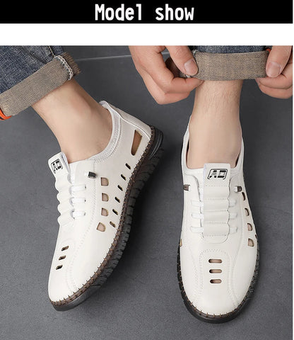 Men's Comfortable Breathable Business Hollow Loafers Slip-On Soft Bottom Sandals Easy Wear Hole Hole Shoes-HT2273