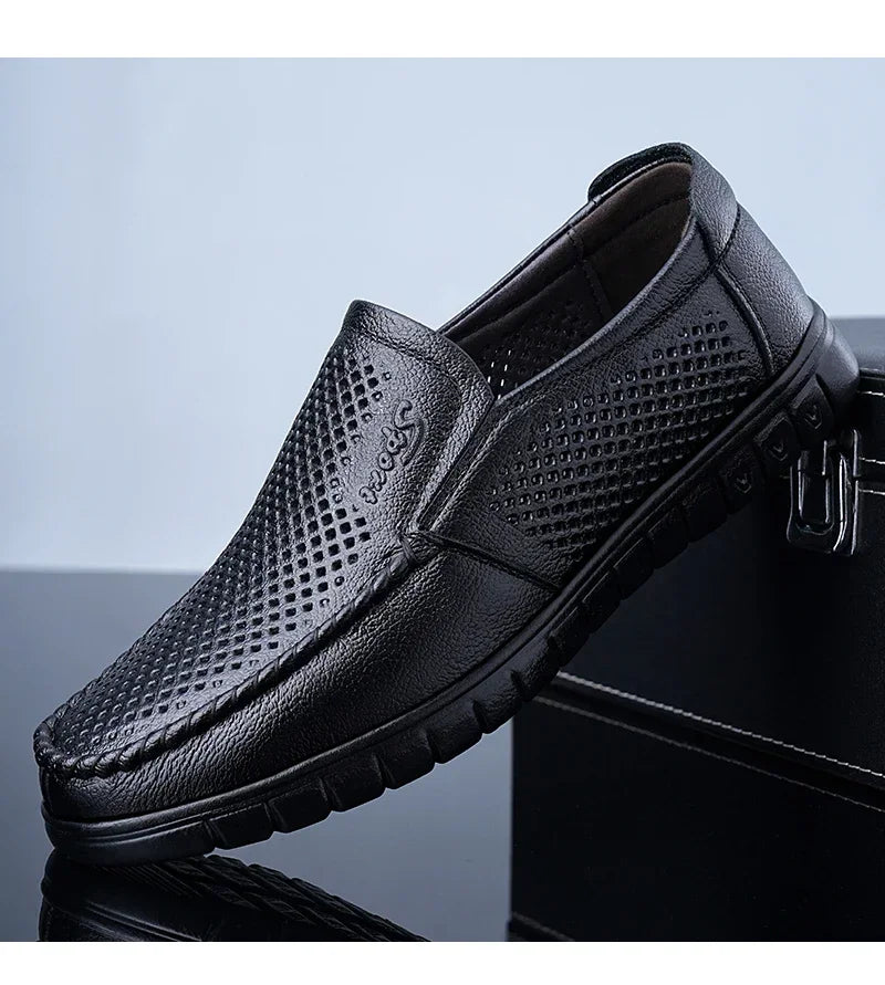Men's Slip-On Loafers Summer Hollow Out Breathable Casual Shoes Comfortable Soft Sole Anti-Slip Leather Shoes-8822
