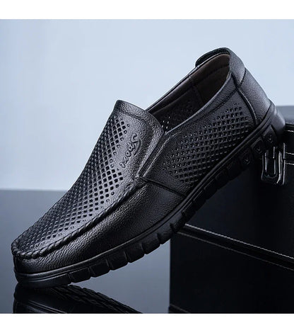 Men's Slip-On Loafers Summer Hollow Out Breathable Casual Shoes Comfortable Soft Sole Anti-Slip Leather Shoes-8822