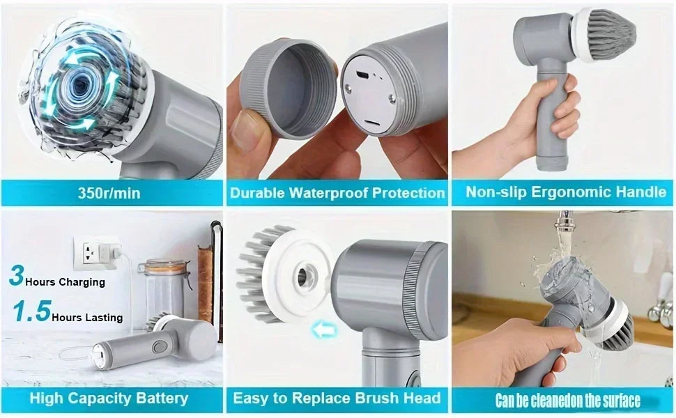Electric Spin Scrubber Cordless Spin Scrubber with 5 Replaceable Brush Heads Electric Cleaning Brush Cleaning Tools