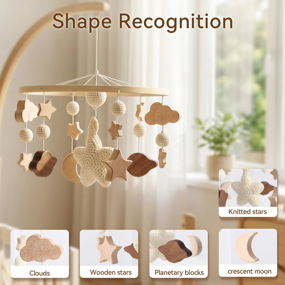 Starry Sky Crib Mobile 360 Degree Rotation Baby Toys Wooden Stars Mobile Rattle Toys Moon Bed Bell Sensory Baby Hanging Toys