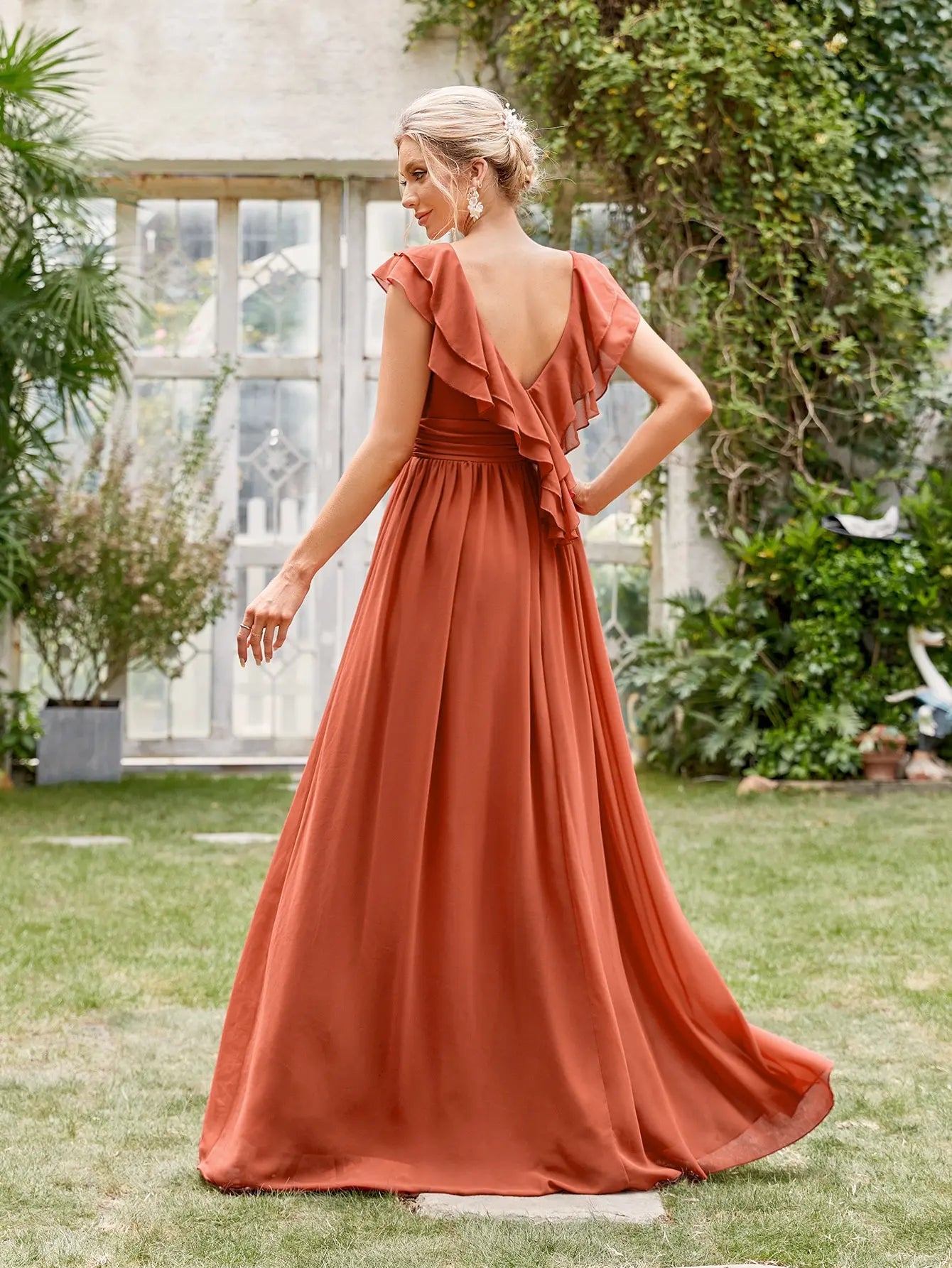 Mgiacy V-neck cap sleeve ruffle lace Extra long evening gown Ball dress Party dress Bridesmaid dress