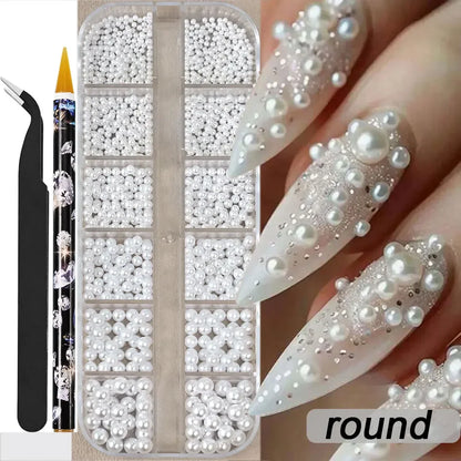 12grids Half Round Pearls Beads 3D Nail Charms 1.5/2/2.5/3/4/5mm White Flatback Pearls Nail Jewelry Nail Craft Pearl Rhinestones