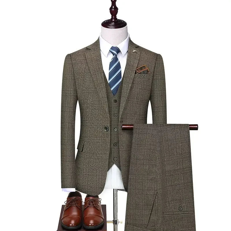 Linen Suit (Blazer+ Vest+Pants) Men's Fashion Hosts British Style Work Business Wedding Casual Art Style Elegant Gentleman Suit