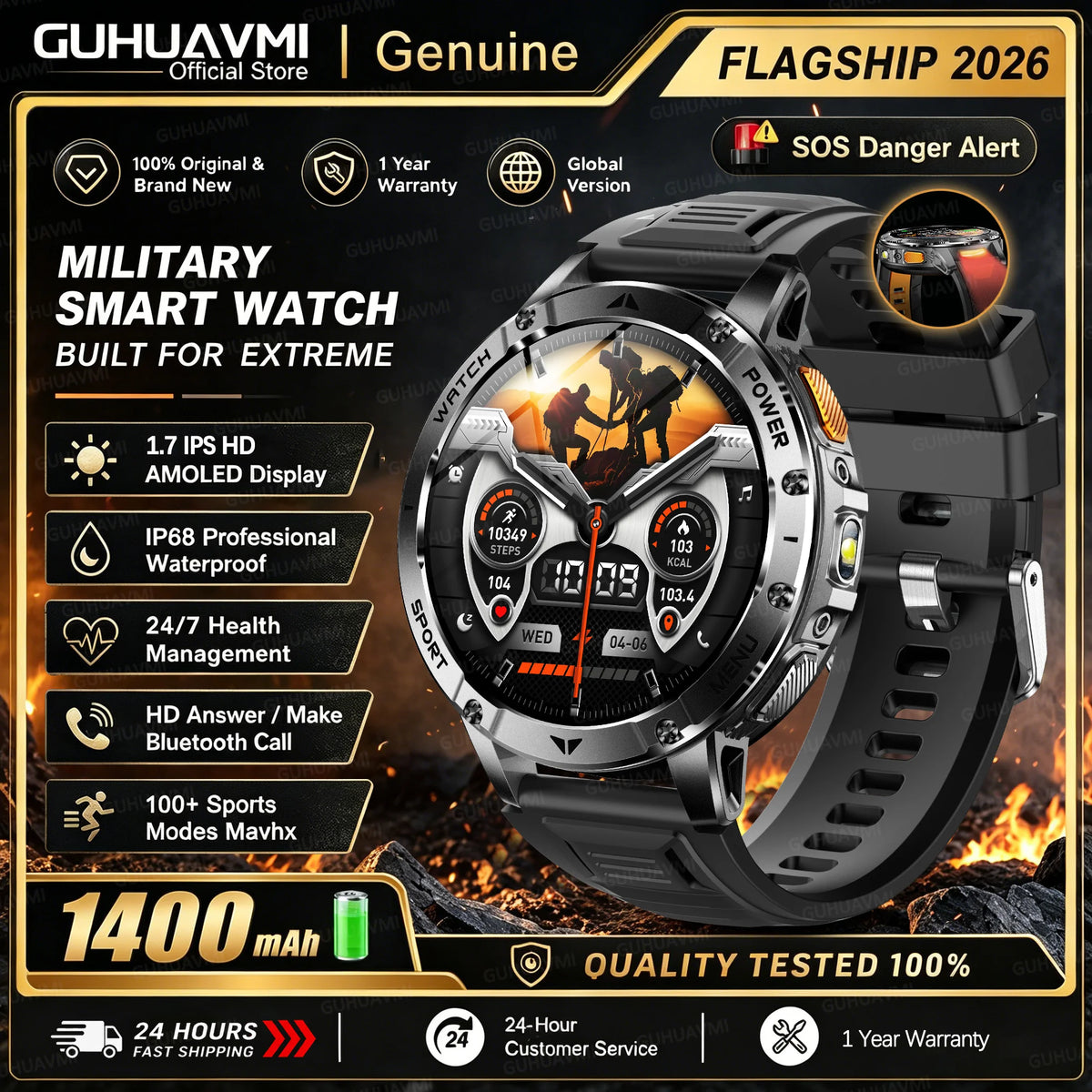 1400mAh Large Battery Military Smart Watch Men 1.7"HD Bluetooth Call 10ATM Waterproof LED Flash SOS Health Monitor Sport Watches