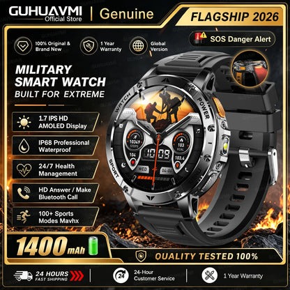 1400mAh Large Battery Military Smart Watch Men 1.7"HD Bluetooth Call 10ATM Waterproof LED Flash SOS Health Monitor Sport Watches