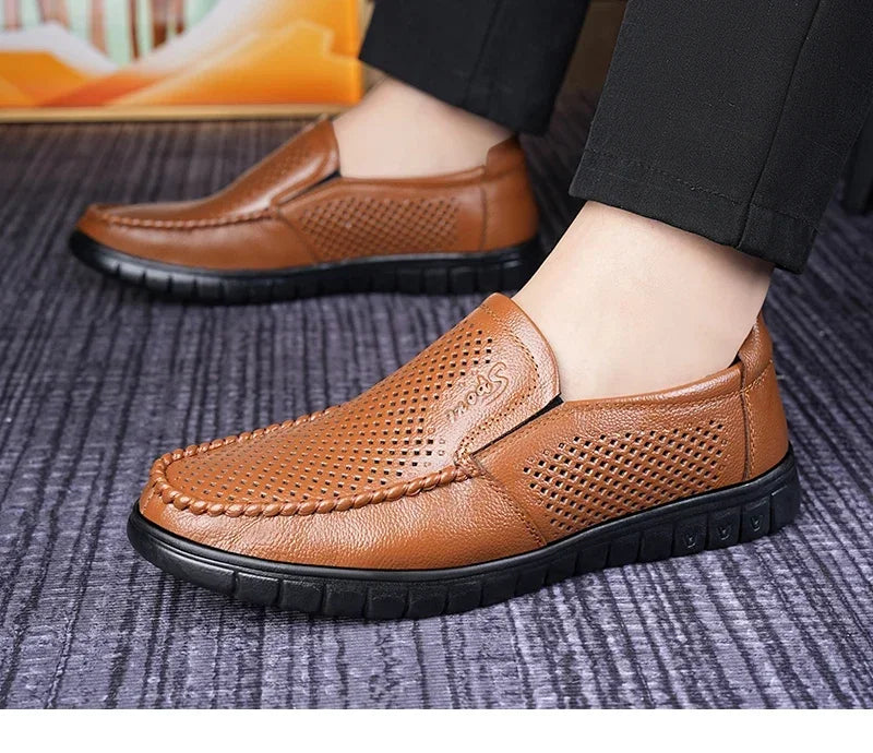 Men's Slip-On Loafers Summer Hollow Out Breathable Casual Shoes Comfortable Soft Sole Anti-Slip Leather Shoes-8822