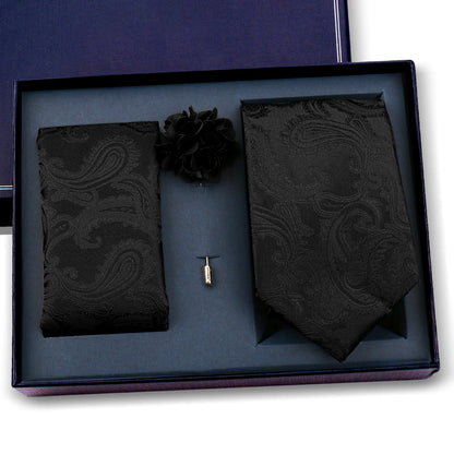 Elegant Ties For Men Classic Paisly Neck Tie Pocket Square Brooch Set With Gift Box Mens Business Wedding Suit Accessories