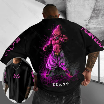 2026 Summer Dragon Ball Oversized T-shirt High Quality 100% Cotton Kid Goku with Power Pole Line Art Print UnisexCasual Y2K