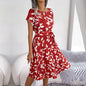 Women Spring Summer Short Sleeve High Waist Chic Dress Fashion Floral Pleated A Line Long Dress