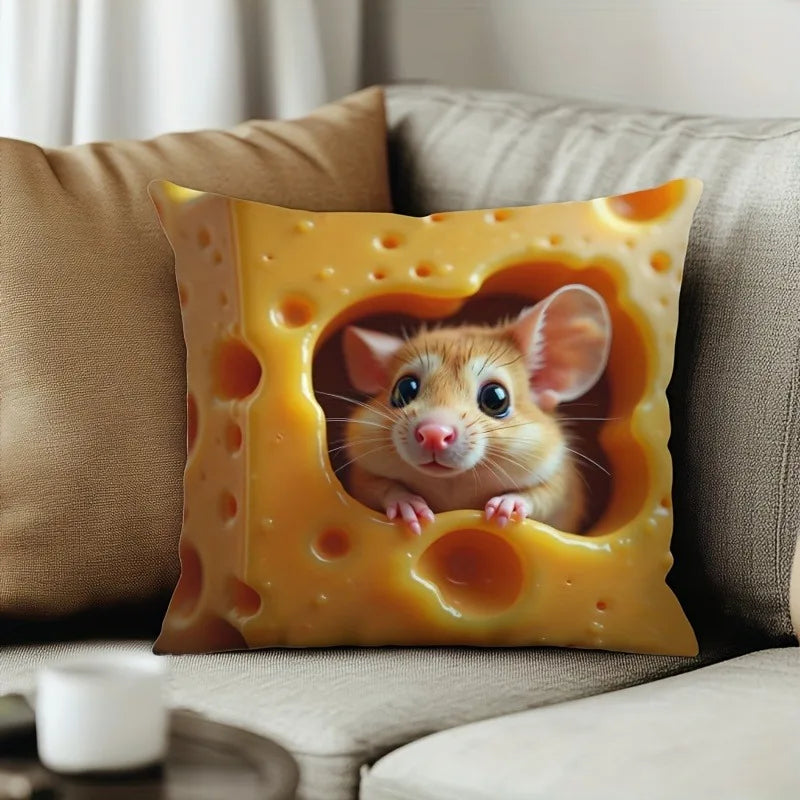 Cute Mouse-in-Cheese Pillow: Add a Whimsical Touch to Your Home! Sofa cushion cover, home room dormitory decoration, 2D printing