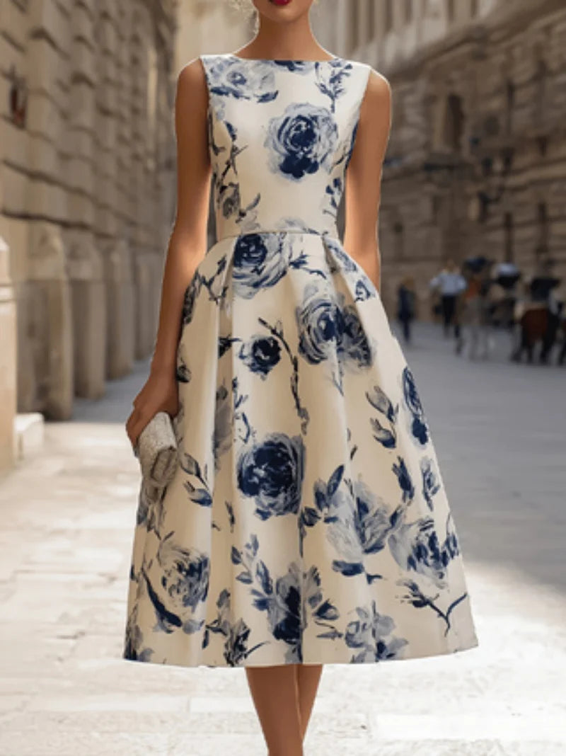 Floral Short-Sleeve Dress Round Neck Fitted Waist A-Line Mid-Length European Style French Charm Women's Casual Dresses