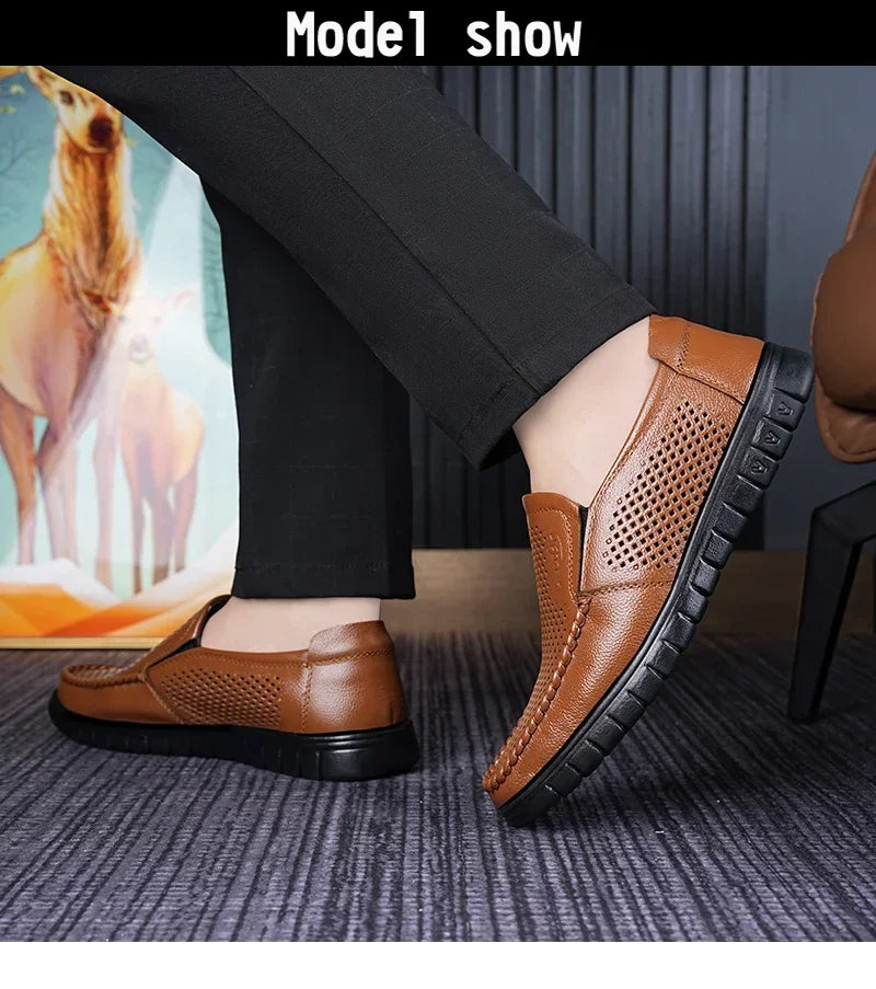Men's Slip-On Loafers Summer Hollow Out Breathable Casual Shoes Comfortable Soft Sole Anti-Slip Leather Shoes-8822