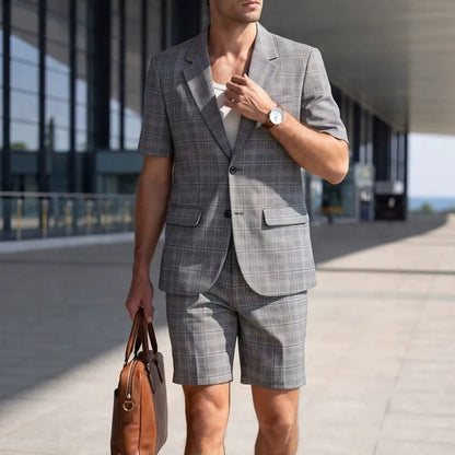 KIDWHXR Men Summer Suit Outfit British Style Plaid Short Sleeve Male 2-piece Set Loose Comfortable Business Casual Man Suits