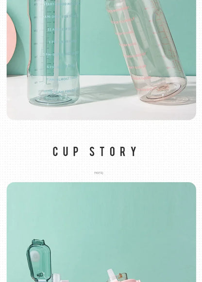 2L Water Bottle Portable Straw Plastic Water Cup for Outdoor Sports Fitness Adult High Value Big Fat Cup with Time Marker