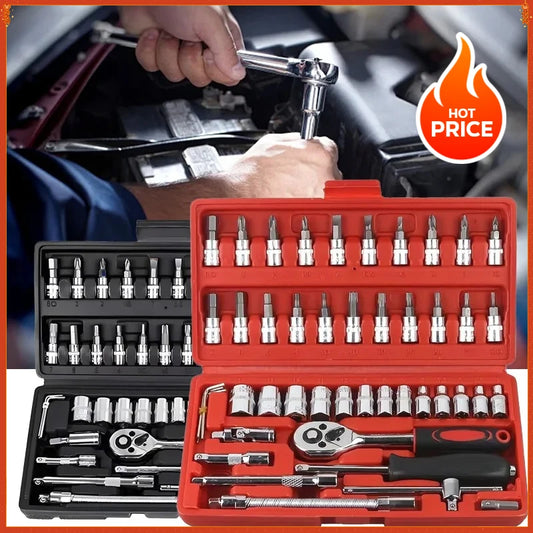 46pcs Family Tools 1/4 Inch Drive Socket Ratchet Wrench Set Complete Car Repair Kit for Motorcycle and Bicycle Maintenance Tools