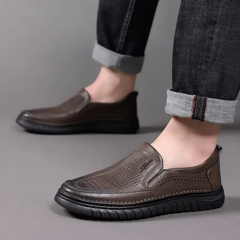 Men's Summer Slip-on Hollow Loafers, Soft Sole Business Casual Shoes, Breathable Anti-slip Driving Shoes-WC887-1