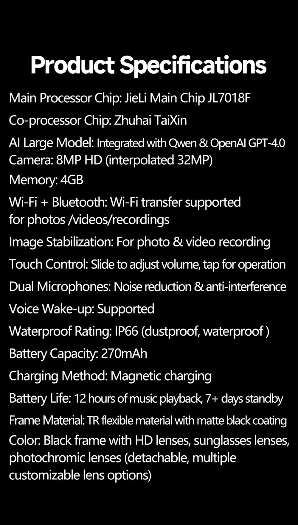 Smart Glasses With 800W Intelligent Translation Al Voice Wake-up Intelligent Q&A Interaction Call Noise Reduction EIS Anti Shake