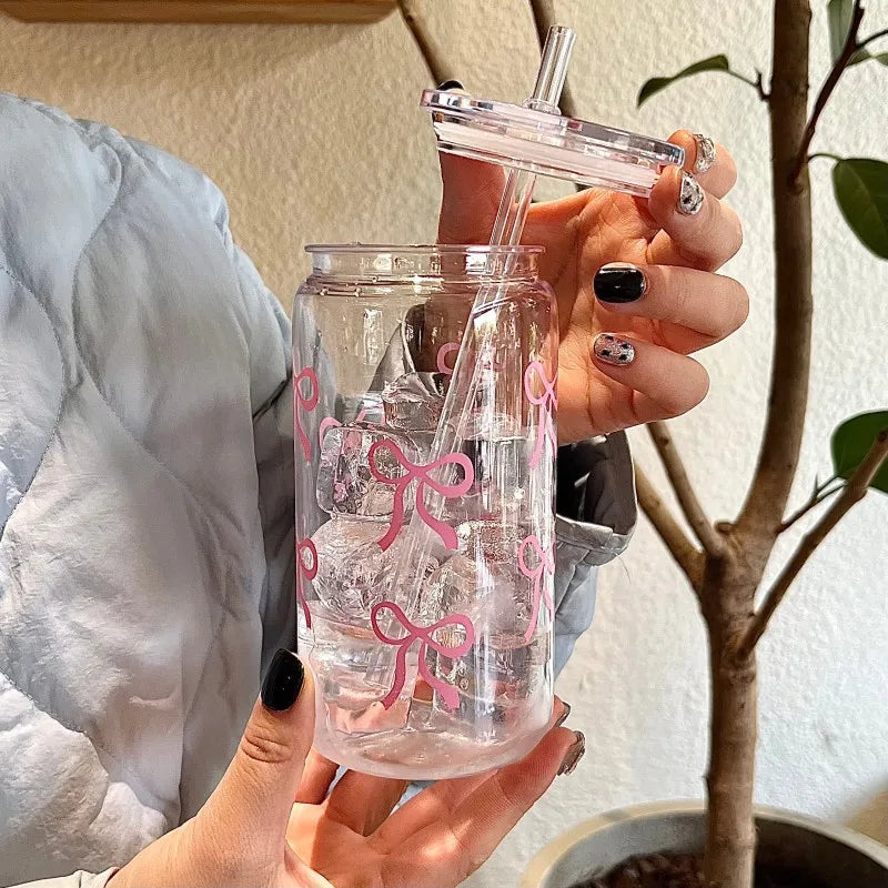 500Ml Pink Bow Print Water Bottle Drinking Can Iced Hot Coffee Juice Plastic Cup Pink Bowknot Tumbler Cup Straw Cup