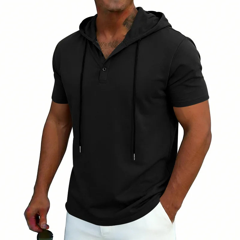 Summer Men's Short Sleeve Hooded T-Shirt Henry Neckline Drawstring Design Casual Loose Breathable Sporty Vest