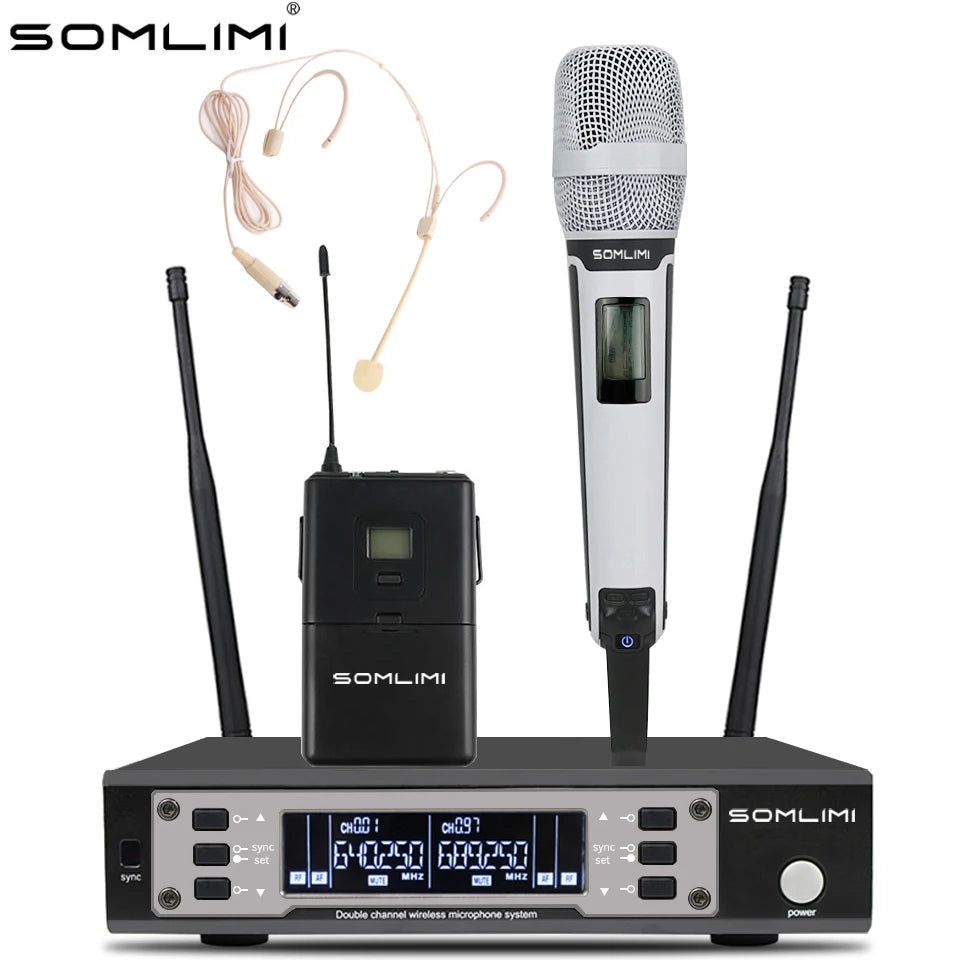 SOMLIMI 135G4 UHF Dual Channels Profession Wireless Microphone System Stage Performance Dynamic Long Distance Metal Handheld