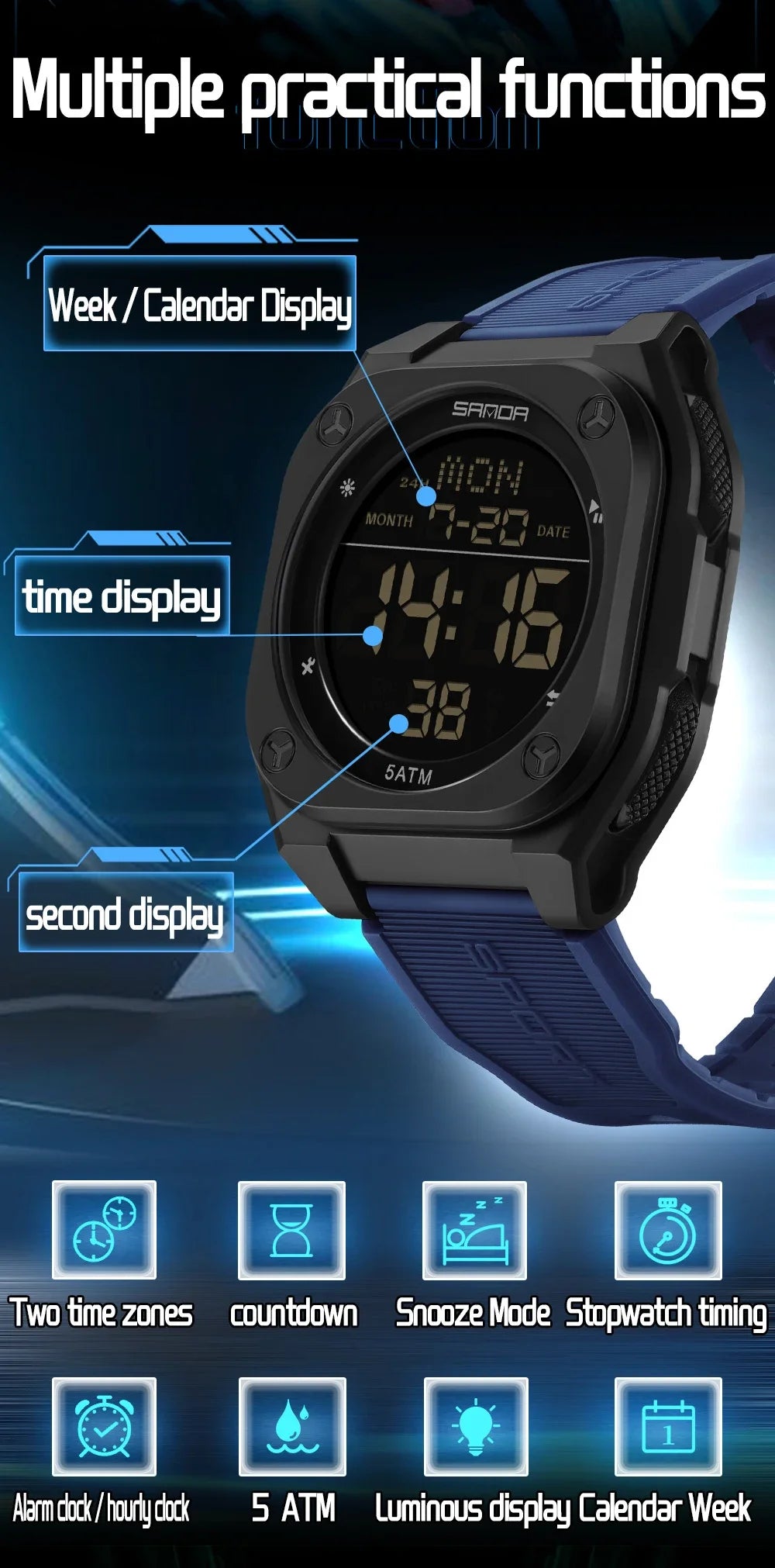 SANDA Digital Watch Multi-function Alarm Clock Luminous Waterproof Silicone Wristwatch Casual Students Electronic Watches