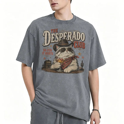 Vintage Washed Western Cowboy Cat T-shirt Cute Animal Manga T-shirts Men Women Cotton Casual Oversized T Shirt Tops