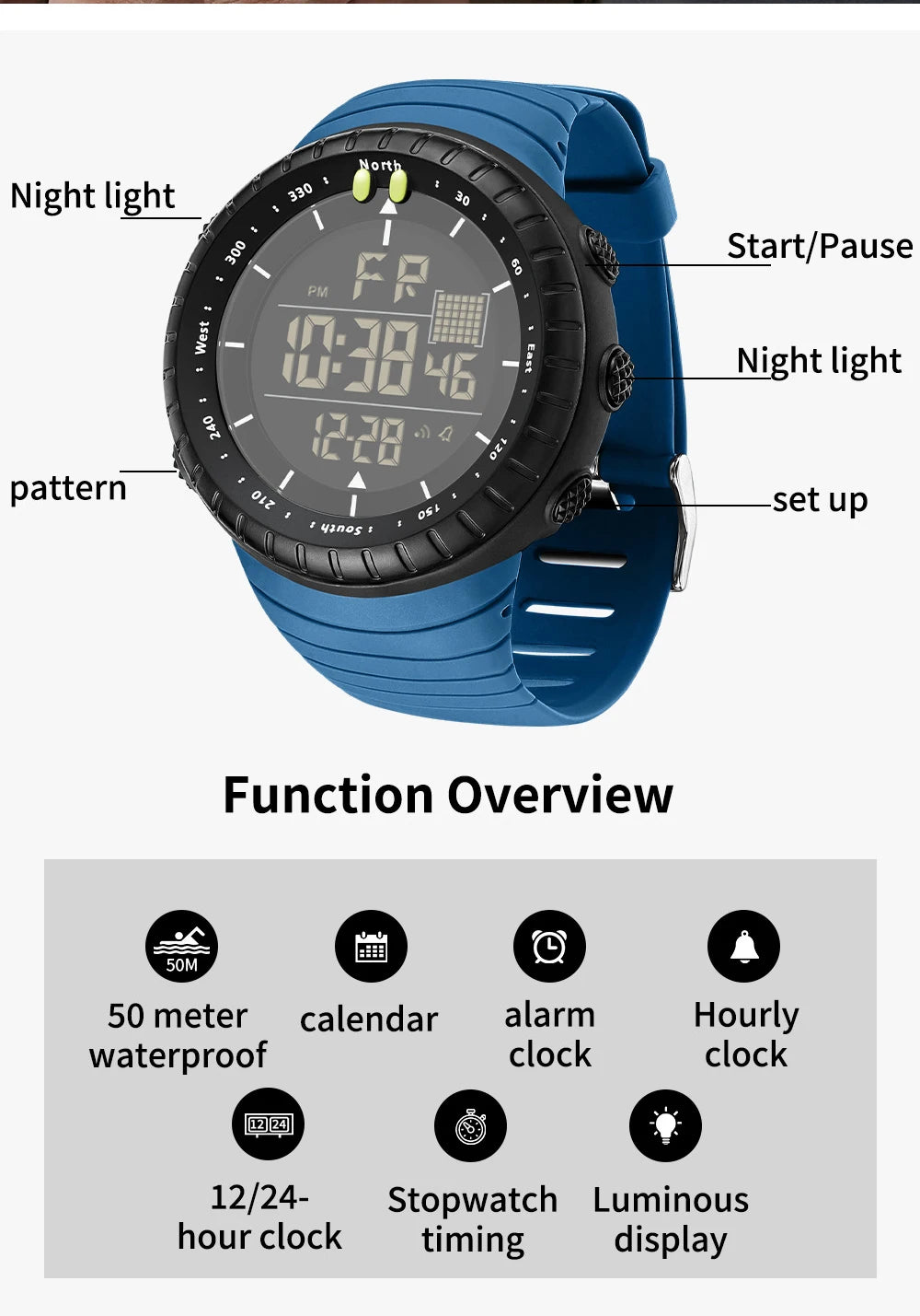 SANDA New 6256 Men's Electronic Watch Large Dial Outdoor Waterproof Sports Watch Night Light Alarm Clock Multi functional Watch