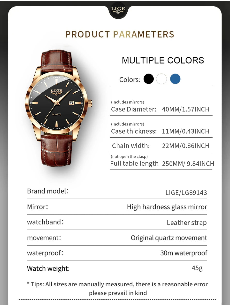 LIGE Military Watch For Men Fashion Business Watch Men Casual Leather Sport Waterproof Men's Quartz Wristwatches Reloj Hombre