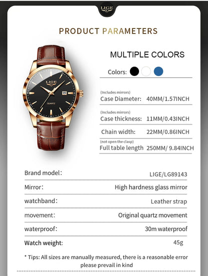 LIGE Military Watch For Men Fashion Business Watch Men Casual Leather Sport Waterproof Men's Quartz Wristwatches Reloj Hombre