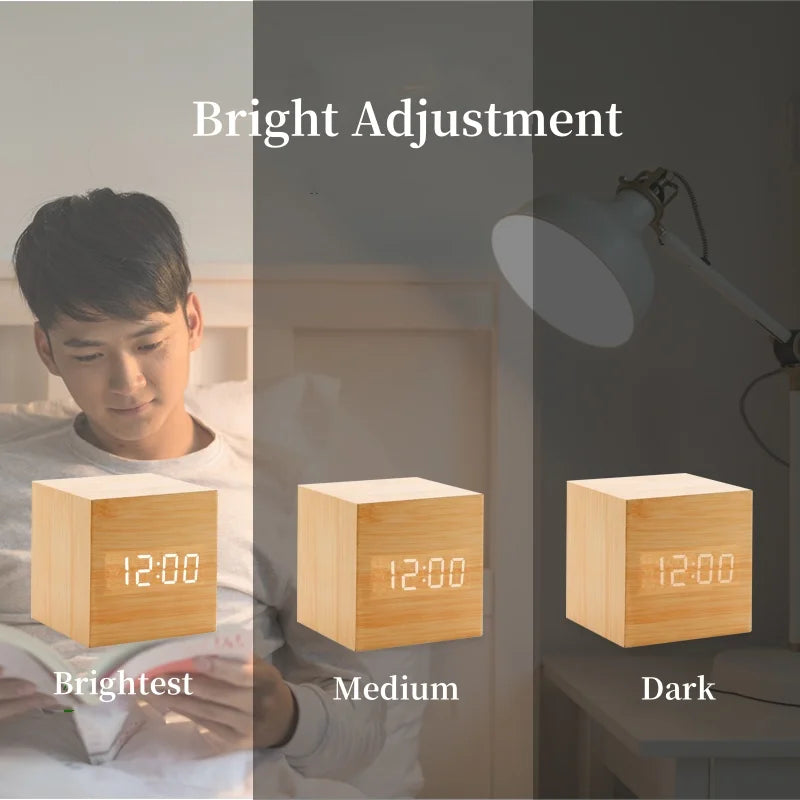 Voice Control  Wooden Digital Alarm Clock TEMP Date 3 Alarms Desktop Electronic Table Clock 12/24H USB Powered LED Bedside Clock