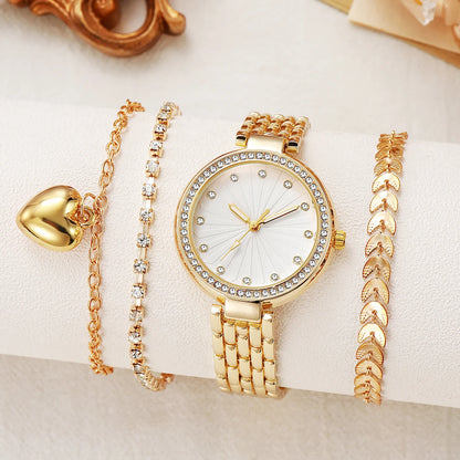 Luxury Gold Watch Bracelet Set for Women | Crystal Bezel | Heart Charm | Leaf Link | Elegant Gift Set