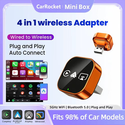 CarRocket 4in1   Carplay Adapter Wired To Wireless Android Auto Mirror Link Smart MiNi Ai Box USB Plug and Play Bluetooth WiFi