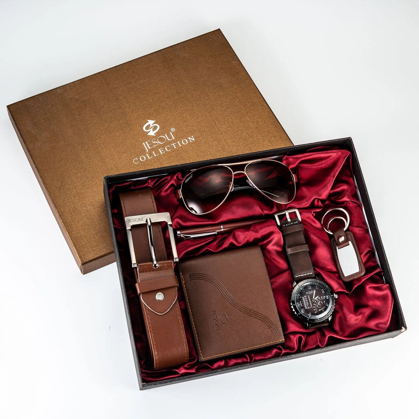 Gift Business Luxury Company Mens Set 6 in 1 Watch Glasses Pen Keychain Belt Purse Welcome Holiday Birthday