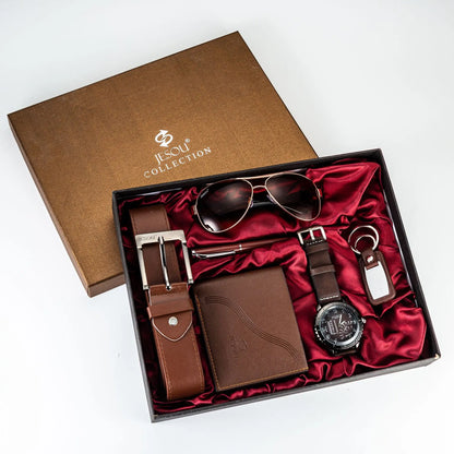 Gift Business Luxury Company Mens Set 6 in 1 Watch Glasses Pen Keychain Belt Purse Welcome Holiday Birthday