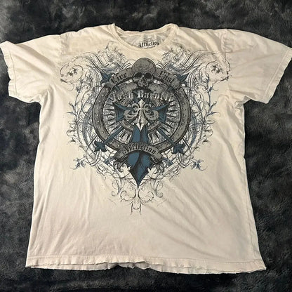 imited Stock Men's Harvester Skull T-Shirt Gothic Wings Cross Print  Vintage Streetwear Soft Breathable FabricL